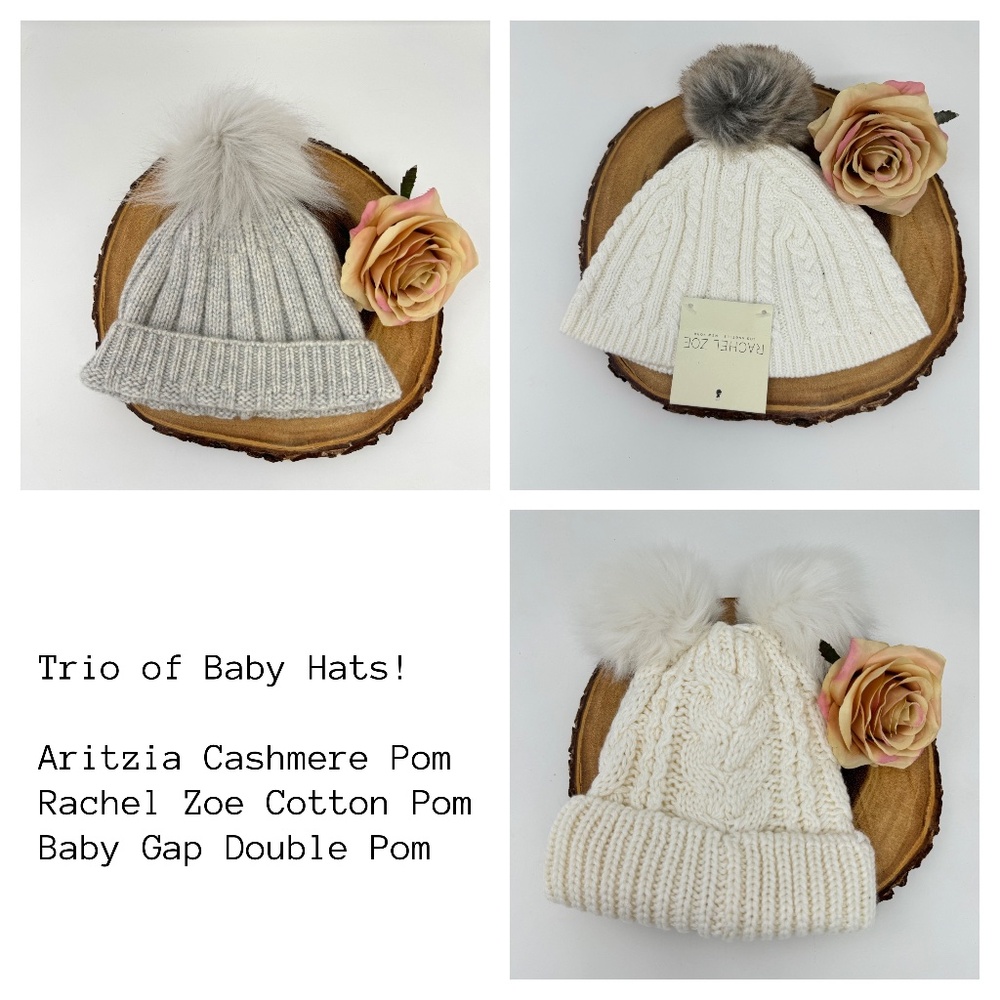 Set of 3 Baby Pom Beanie Hats ~ Aritzia Cashmere Baby Hat ~ Gap Baby Pom Hat